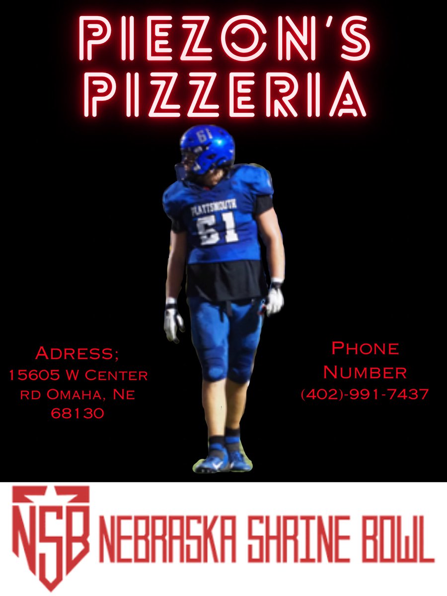 If you would like to support me in the Shrine Bowl while also enjoying a great pizza, please come down to Piezons Pizzeria on March 6th.<a href="/Vrz51/">Matt Vrzal</a> <a href="/PlattsmouthFB/">Plattsmouth Football</a> <a href="/UNK_Football/">UNK Football</a> <a href="/NEShrineBowl/">Nebraska Shrine Bowl</a>