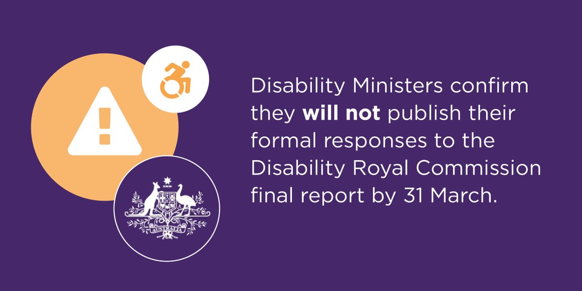 In a joint media statement, Federal, state and territory Disability Ministers confirmed they will not publish their formal responses to the #DisabilityRoyalCommission (DRC) final report by 31 March, as recommended by the #DRC. pulse.ly/n66pqyfra0