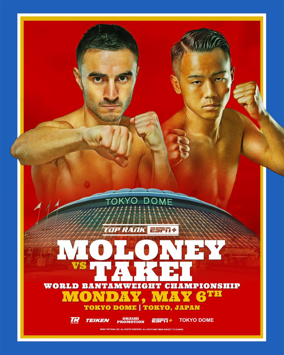 JasonMoloney1's tweet photo. 🇦🇺 MOLONEY vs TAKEI 🇯🇵 

May 6, I’m heading into enemy territory at the Tokyo Dome in Japan to defend my crown against Yoshiki Takei. 

Thank you to @DragonFireBox and @trboxing for this big opportunity. 
Ready to prove that I’m the best bantamweight in the world! AND STILL 🏆 https://t.co/lWVh35tdUQ