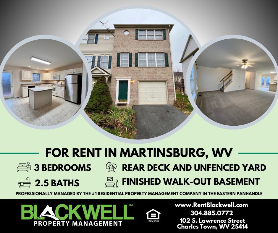 📍 For Rent: Townhouse in Martinsburg, WV! Visit 69 Fiser Lane at rentblackwell.com/charles-town-h…

#MartinsburgWV #BerkeleyCountyWV #ForRent #Townhome #WestVirginia #WVRealEstate #BlackwellPropertyManagement #PropertyManagement