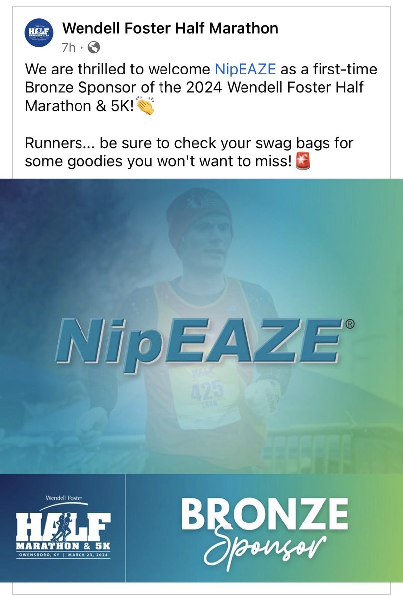 Proud to be a sponsor for the first time in our hometown half marathon. Good luck runners! @NipEaze #wendellfosterhalfmarathon #owensboro #ky #owensborokentucky #nipeaze #runky
