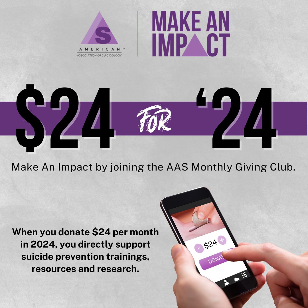 Join AAS's Monthly Giving Club to help AAS provide more trainings, resources, and programs. YOU can Make An Impact. Learn more at the link in our bio or go to suicidology.org/donate! #AAS #AASMakeAnImpact #suicide #suicideprevention #mentalhealth
