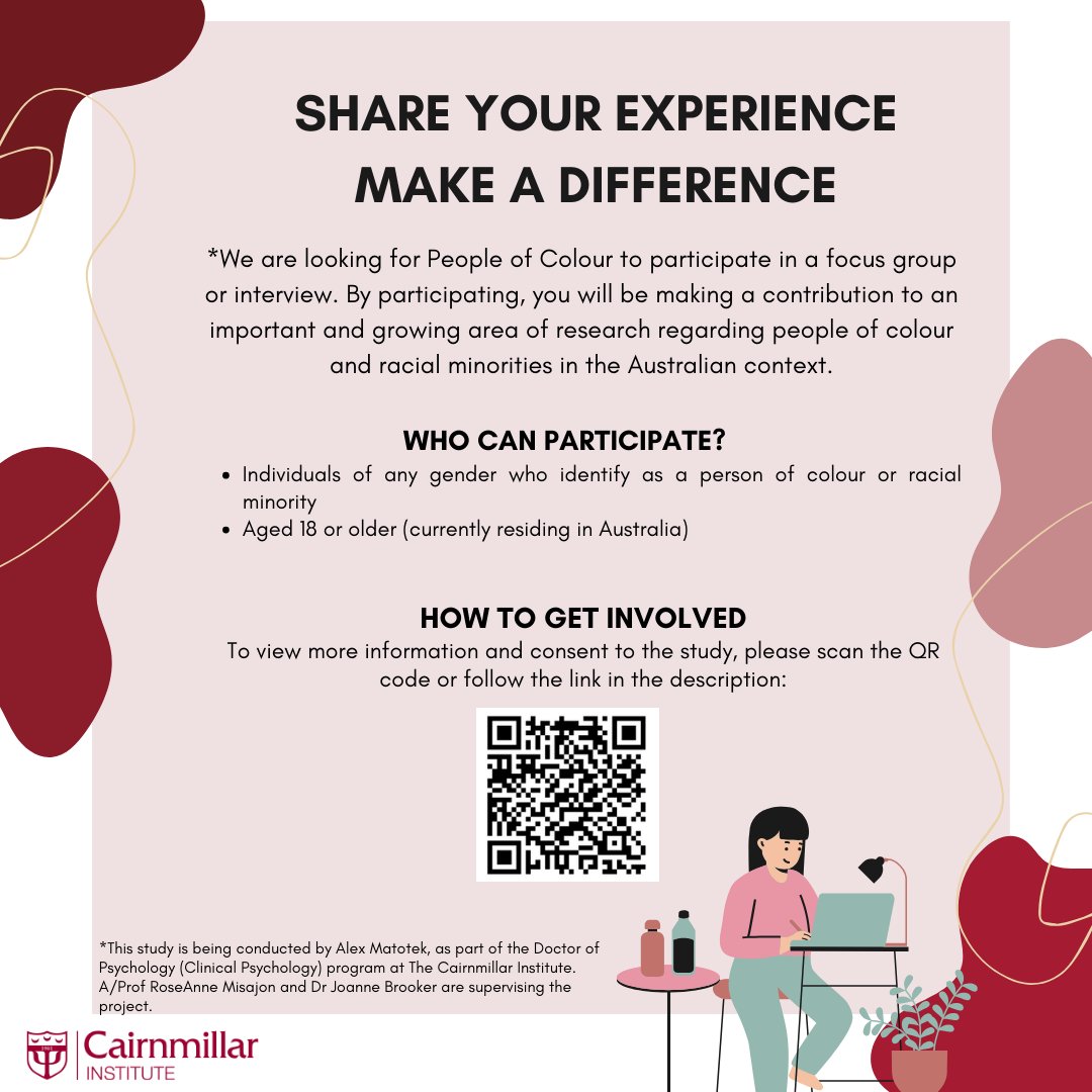If you're 18+, identify as a person of colour, and live in Australia, join us! Make your voice heard and contribute to important research. Recruitment ends March 14th, so act fast! Scan the QR or click this link to participate: ow.ly/wJzO50QMccE