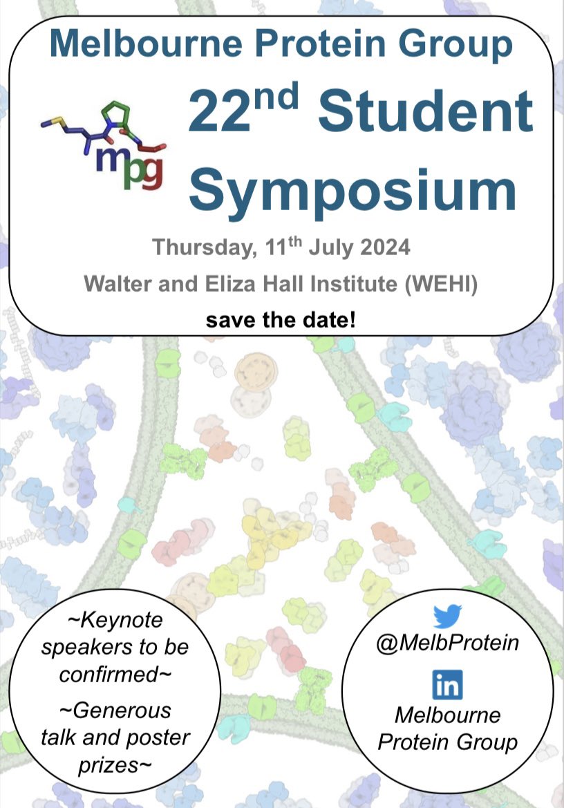 SAVE THE DATE! Excited to announce the 22nd Melbourne Protein Group Symposium will be hosted at WEHI on Thursday 11th July 2024. Spread the word to other graduate research/ student colleagues. Details of keynote speakers and abstract submission to come.