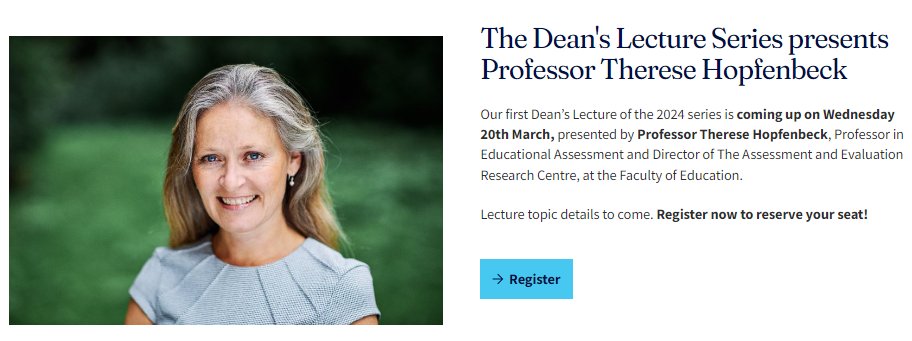 Assessment and Evaluation Research Centre (AERC) (@aerc_unimelb) on Twitter photo Professor Therese N. Hopfenbeck, Director of AERC, will speak at the very first FoE Dean's Lecture for 2024. "Lessons learned from PISA 1999 – 2024 - The Use and Abuse of International large-scale studies and why they still matter." Register at education.unimelb.edu.au/news-and-event…. <a href="/EduMelb/">Faculty of Education</a> Professor Therese N. Hopfenbeck, Director of AERC, will speak at the very first FoE Dean's Lecture for 2024. "Lessons learned from PISA 1999 – 2024 - The Use and Abuse of International large-scale studies and why they still matter." Register at education.unimelb.edu.au/news-and-event…. <a href="/EduMelb/">Faculty of Education</a>