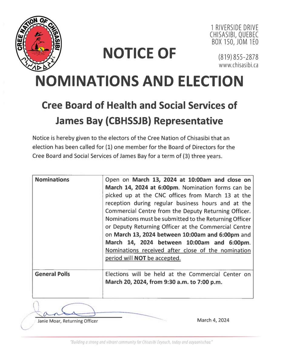 NOTICE OF NOMINATIONS & ELECTION - @creehealth Representative An election has been called to elect (1) one member to join the Board of Directors for a term of (3) three years. Please see the details below for the nominations and election date & time.