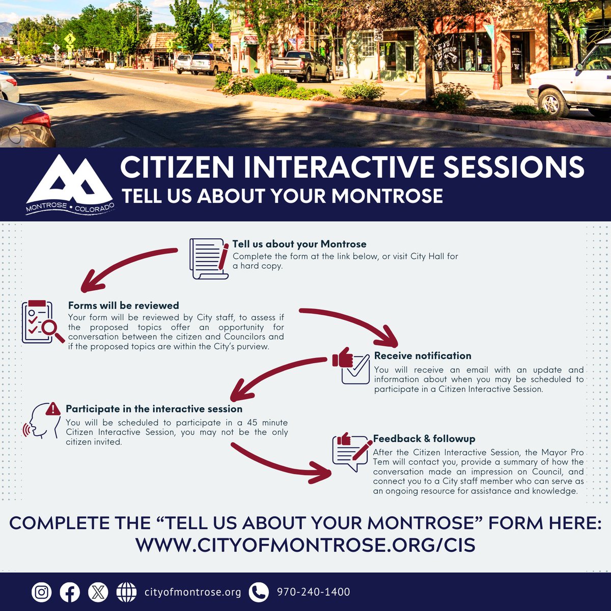 The new Citizen Interactive Sessions at the City of Montrose provide opportunities for citizens to share their perspectives. If you're interested in participating in a session, complete the form found here: cityofmontrose.org/CIS.