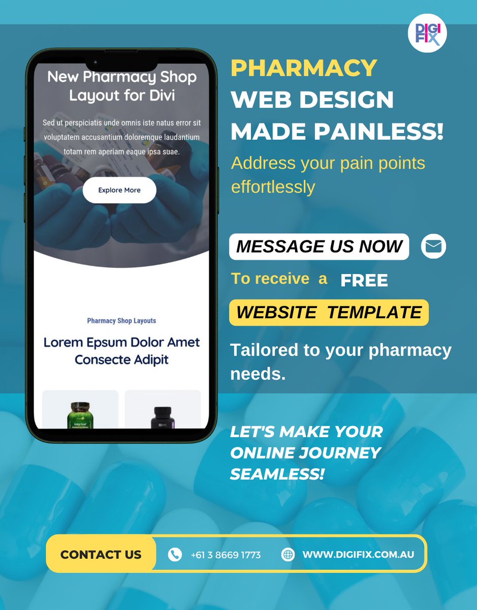 digifixaus's tweet image. Struggling with your pharmacy's online presence?
📩 Message us to receive a FREE website template tailored to your pharmacy needs.
#PharmacyWebDesign #PharmacyWebsite #WebDesignSolutions #DigitalTransformation #FreeTemplates #PharmacyOnlinePresence
#DigiFix