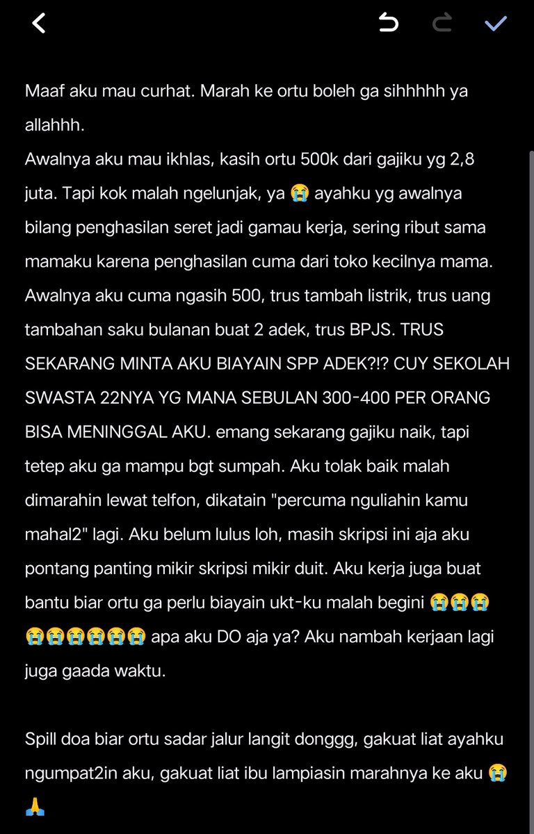 Masih kuliah semester akhir, sambil kerja.
Gaji 2,8.
Kasih orangtua 500K per bulan + bayar listrik + uang saku 2 adik + bpjs

Ortu minta utk biayain SPP sekolah adik (swasta keduanya) 😵‍💫
Nolak dong, dan malah dimarahi dan dikatain "percuma nguliahin km mahal2"