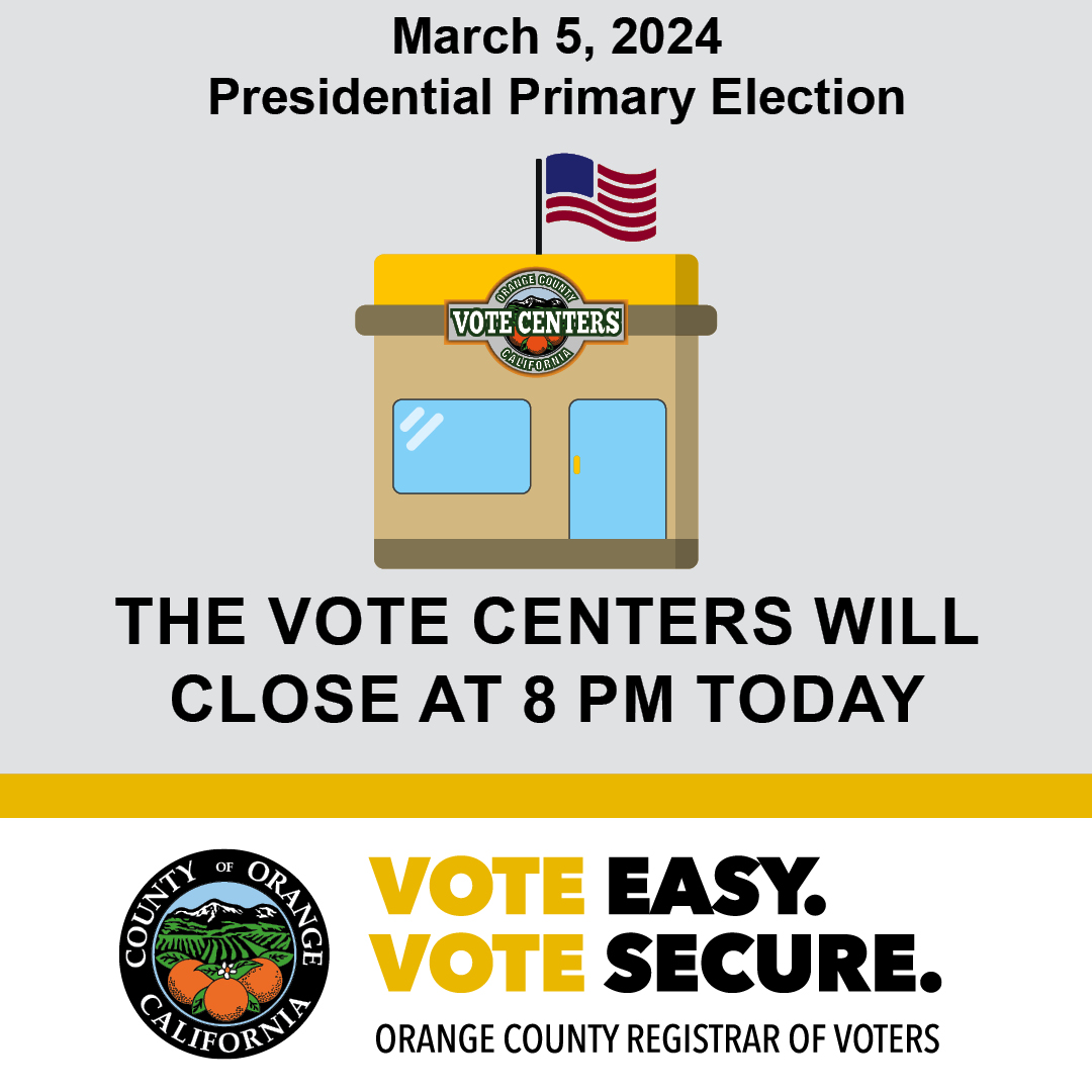 Only 1 hour left to vote! All Vote Centers and Ballot Drop Boxes will close at 8 p.m. today. All voters who are in line by 8 p.m. will still be able to vote in the 2024 Presidential Primary Election. #VoteEasyVoteSecure #OrangeCounty #Elections #OCVote #VoteCalifornia