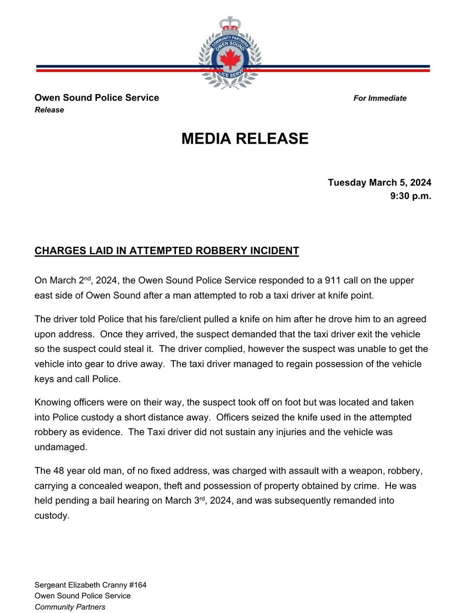OwenSoundPolice's tweet image. #MediaRelease. Charges Laid In Attempted Robbery Incident. Man attempted to rob taxi driver at knife point. Officers seized the knife used in incident.