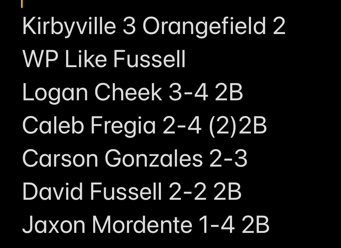 Scores 
Kirbyville 3 Orangefield 2
<a href="/DavidFussell25/">David Fussell</a> <a href="/Logancheek5/">Logan cheek</a> <a href="/CalebFregia00/">caleb</a> <a href="/OFgonzo341721/">carson gonzales</a>