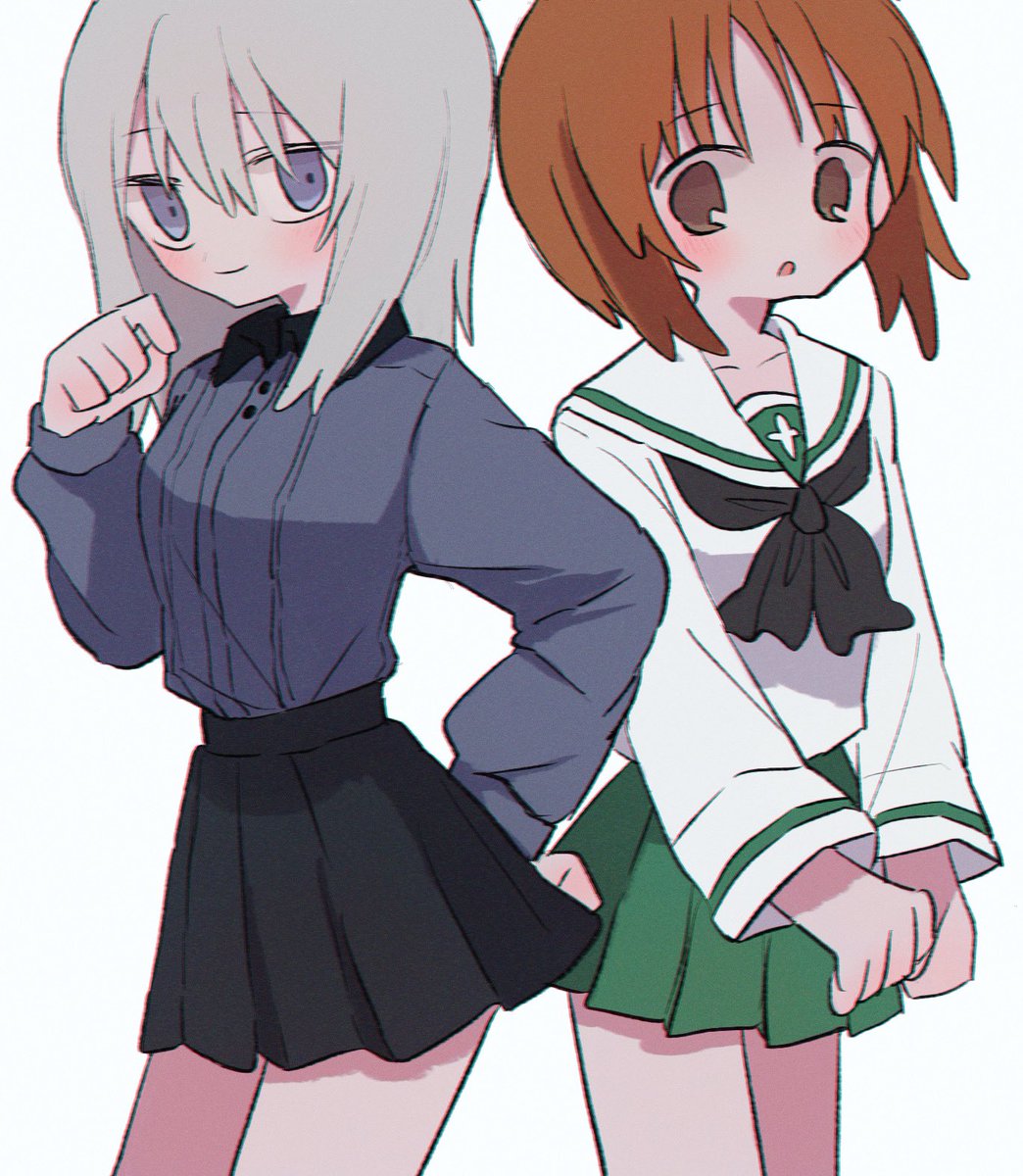 itsumi erika ,nishizumi miho ooarai school uniform multiple girls school uniform 2girls skirt brown hair shirt  illustration images