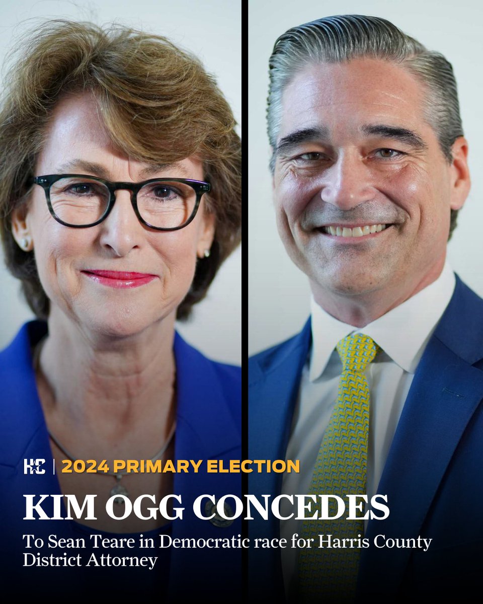 Kim Ogg conceded to former prosecutor Sean Teare in the heated Democratic primary race for Harris County District Attorney. The two-term incumbent admitted defeat after Teare won the early vote by almost 57 percentage points. trib.al/Cjno0Bq