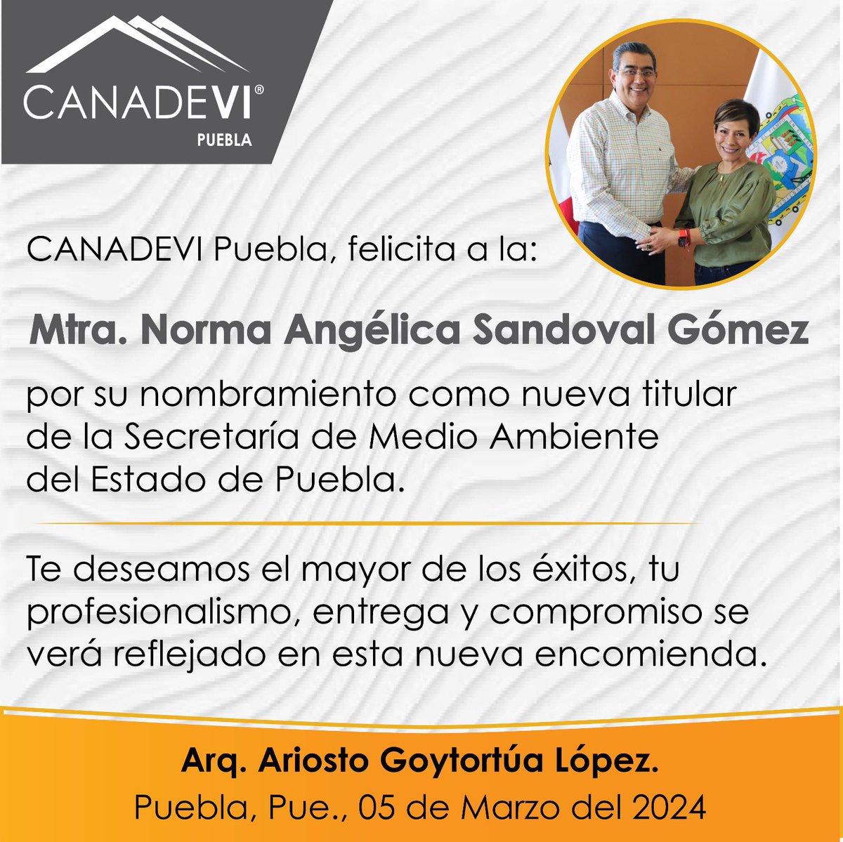Nuestro Presidente <a href="/ARQARGO/">Ariosto Goytortua L</a> y los Socios de <a href="/canadevi_puebla/">canadevi_puebla</a>  felicitamos a <a href="/NormSandoval13/">NORMA SANDOVAL GOMEZ</a> por su nombramiento como nueva titular de la <a href="/AmbienteGobPue/">Secretaría de Medio Ambiente</a> 

Te deseamos mucho éxito en esta nueva encomienda!! 

Enhorabuena 👏🏻👏🏻👏🏻👏🏻