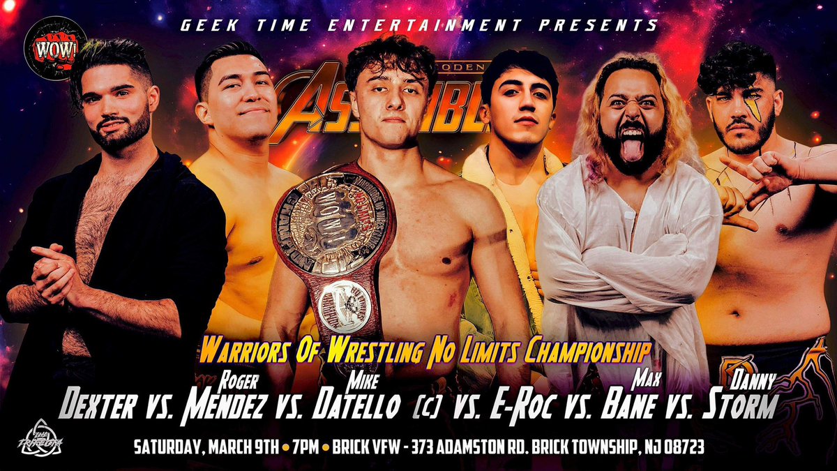 Huge @WOWPROWRESTLING No Limits Title Match THIS SATURDAY in Brick, NJ!!! @RogerMendezwow @mikedatello @MaxBane7 @DexterObsidian @Dannystorm98 Get tickets: tinyurl.com/PROjectcodenam…