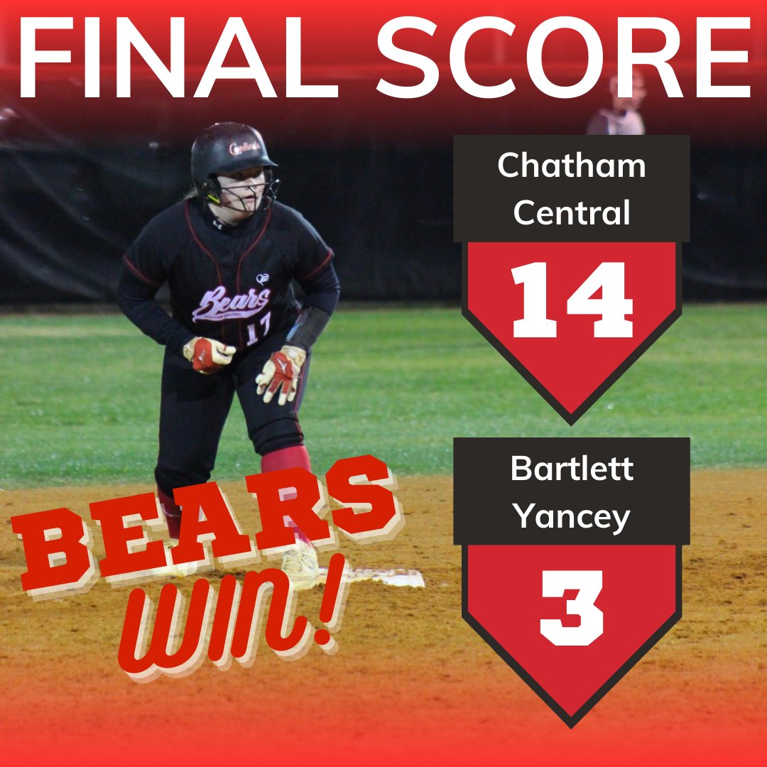 🚨🚨 BEARS WIN 🚨🚨
Opening conf. play with 💪 showing!  Lady Bears allowing only 5 hits, some strikeouts and turning a quick thinking double play!!   Keep working ladies we see you!! #BearDown #cchssoftball #softballseason
<a href="/ChathamCentral/">Chatham Central High</a>
<a href="/ccbearsboosters/">cchsboosters</a>