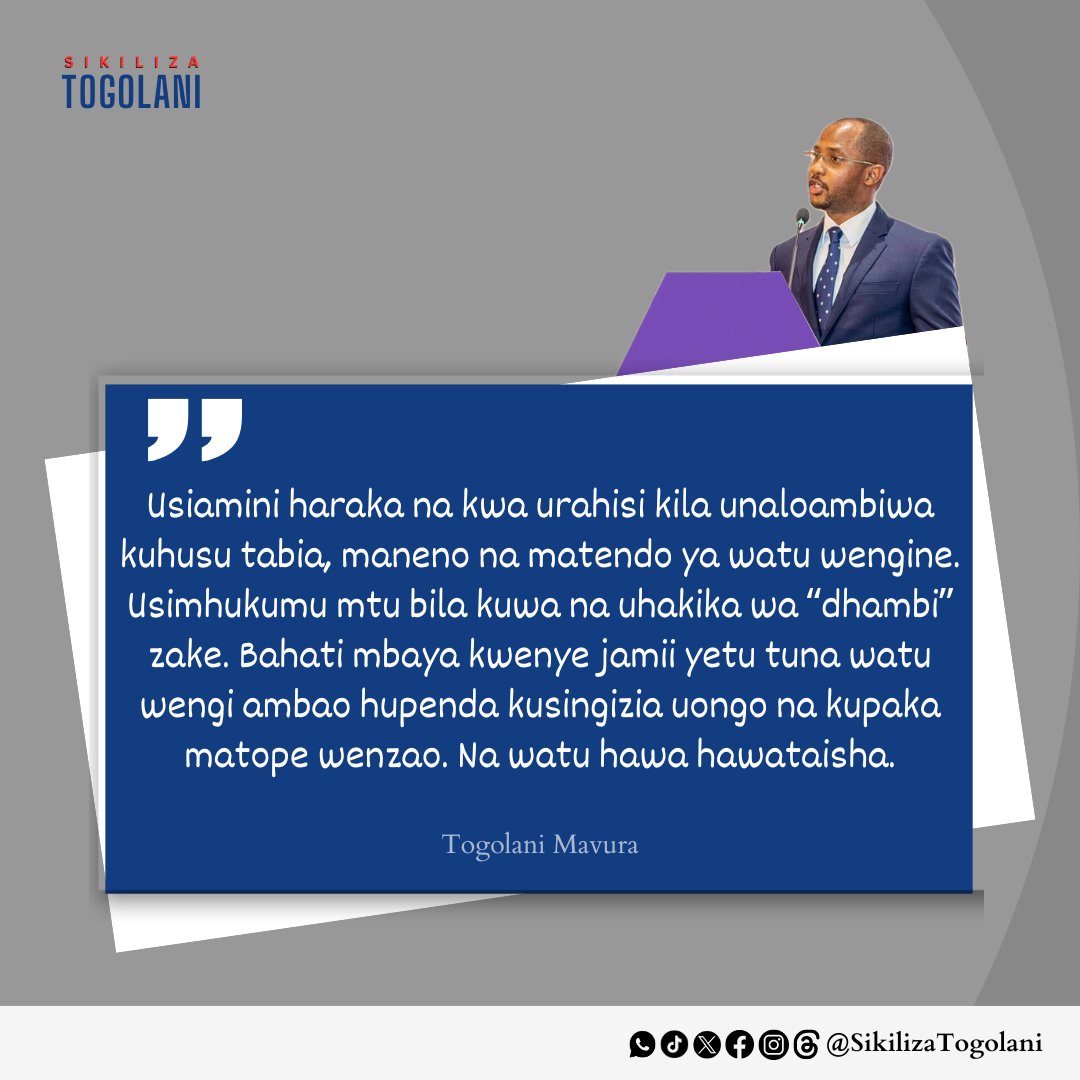 SikilizaTogolan's tweet photo. "Usiamini haraka na kwa urahisi kila unaloambiwa kuhusu tabia, maneno na matendo ya watu wengine. Usimhukumu mtu bila kuwa na uhakika wa “dhambi” zake. Bahati mbaya kwenye jamii yetu tuna watu wengi ambao hupenda kusingizia uongo na kupaka matope wenzao na watu hawa hawataisha." https://t.co/wcUeHx4z2B