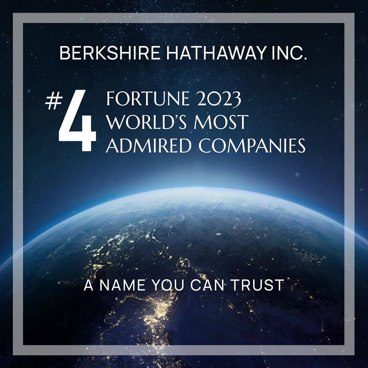 So proud to share that Berkshire Hathaway Inc., parent company of Berkshire Hathaway HomeServices, rose to the #4 spot in Fortune’s 2023 list of World's Most Admired Companies, up two places from last year’s ranking. 🎉

#BerkshireHathaway #BHHS #BHHSRealEstate #ForEveryone