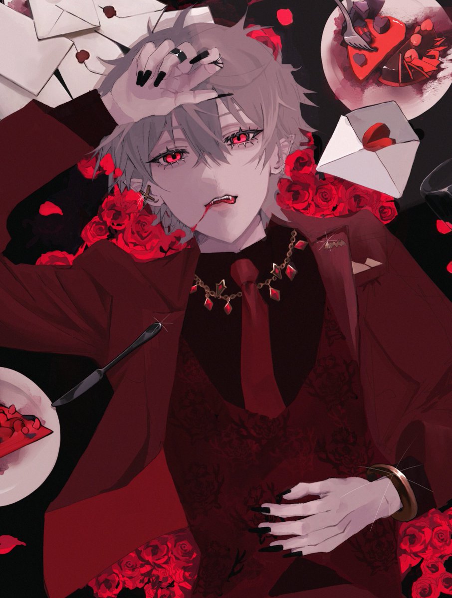 kuzuha (nijisanji) male focus 1boy red eyes flower vampire rose letter  illustration images