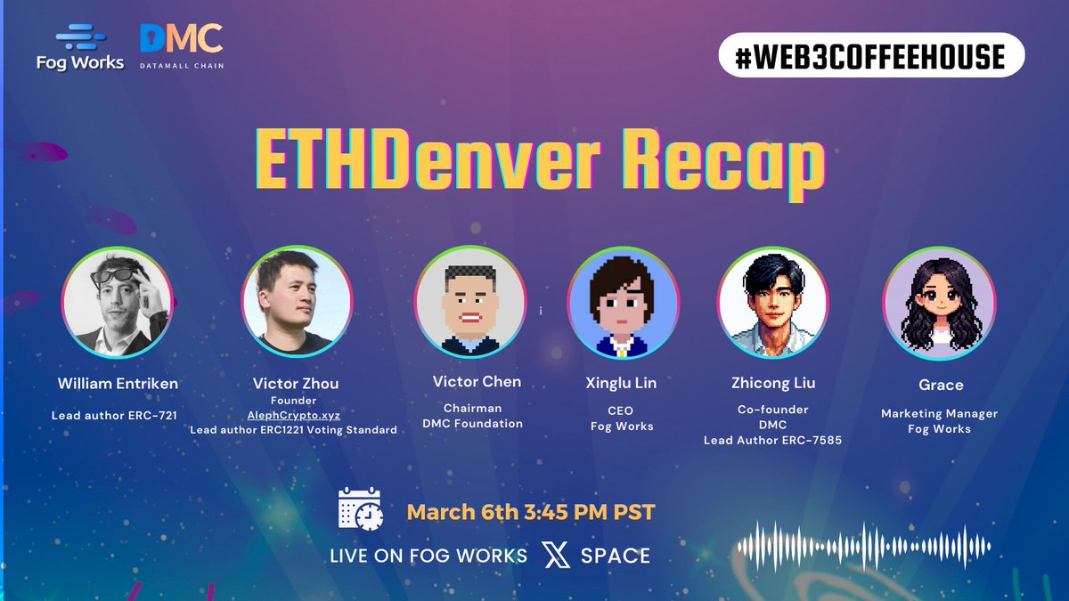 ☕️#Web3CoffeeHouse: ETHDenver Recap 🗓️Wednesday March 6th 3:45PM PST ⏲️Set your reminder twitter.com/i/spaces/1vOxw… 👋 Join the space to discuss with our guests @fulldecent @ZainanZhou @linxinglu @waterflier @GraceDePIN #DePIN #Web3咖啡屋 #ETHDenver2024 #FoggieMax #TwitterSpace