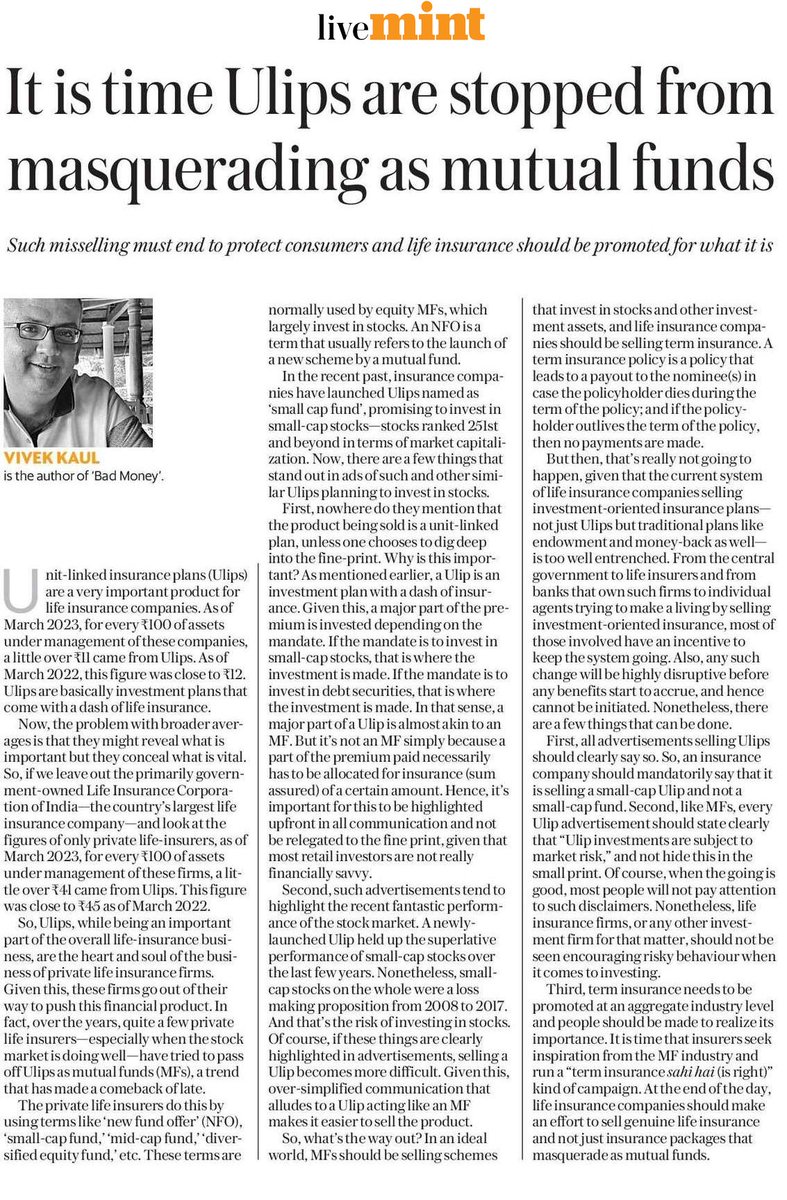 It’s time for Ulips to stop masquerading as mutual funds. An age-old trick of misselling which refuses to go away and has recently been used in trying to pass off Ulips as mutual funds which invest in small cap stocks. Ulips are unit linked insurance plans--investment plans…