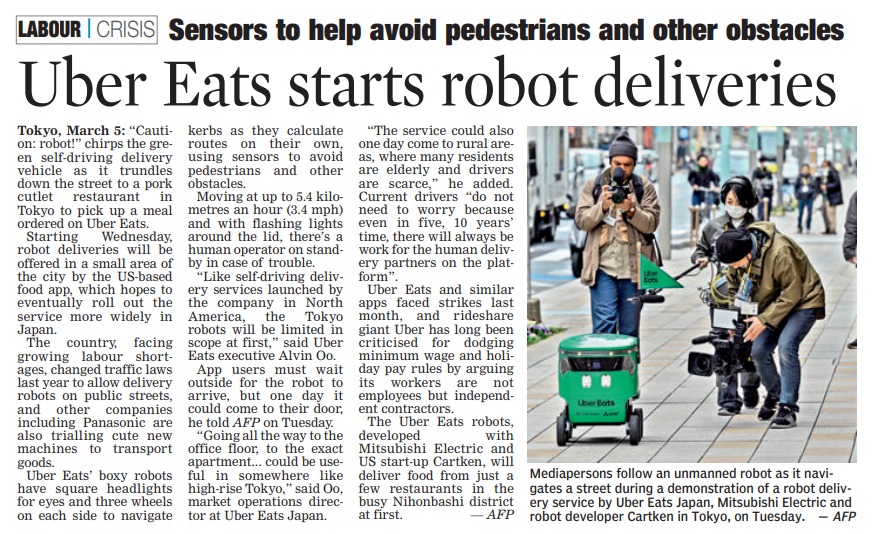 Good Morning, DC readers. Must read in today's #DeccanChronicle.

#UBER #DeliveryServices #Tokyo #RobotDelivery #UberEats #LabourCrisis