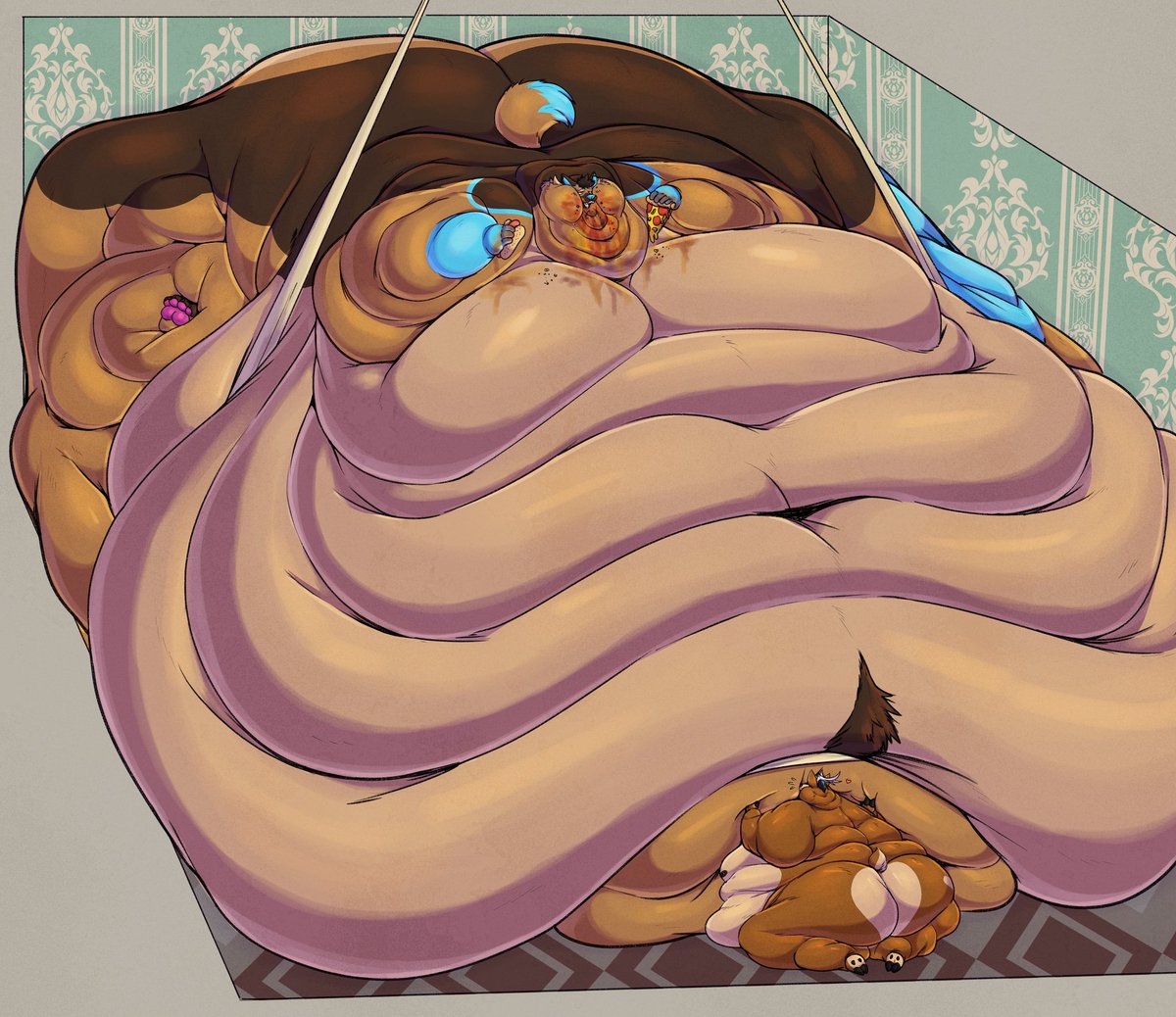 BigBlueBoofer's tweet photo. I wheeze under my immense frame, struggling to even utter a word as I reach for more food. "Just. a LITTLE further..." I heave with exertion when a faint yelp comes from below. "Watch it hon!!!" My fiance pleads while he pleases me.

#VFDogArt #TummyTuesday 
🎨 by @WiishyIshii https://t.co/3VRTtCb1vs