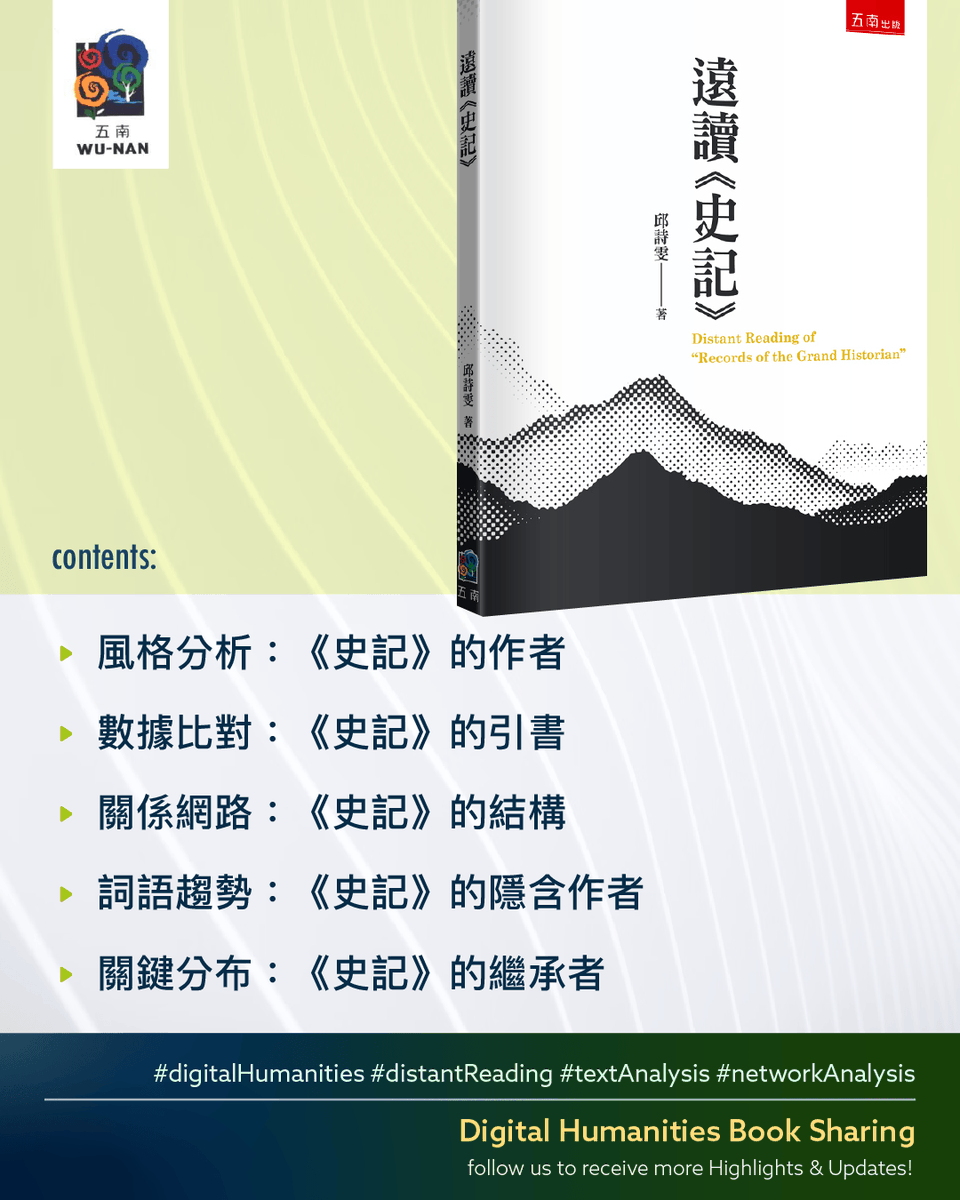 hkbulibdmss's tweet image. [𝗗𝗛 𝗕𝗼𝗼𝗸 𝗦𝗵𝗮𝗿𝗶𝗻𝗴✨] - Bookmark for later🔖
遠讀《史記》- 邱詩雯

wunan.com.tw/bookdetail?NO=…

#DigitalHumanities #distantReading #textAnalysis #networkAnalysis