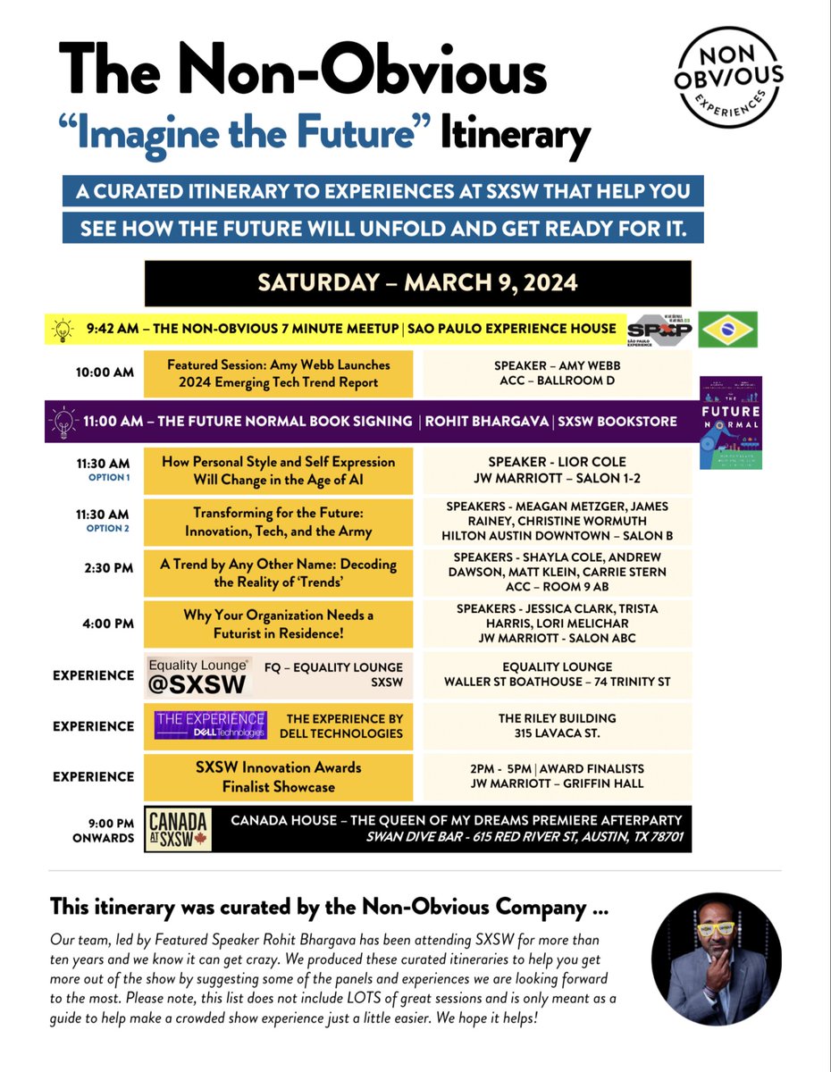 "Imagine the Future" at SXSW with this Non-Obvious Itinerary for Saturday - March 9, 2024!  

Available for download: nonobvious.com/sxsw

<a href="/sxsw/">SXSW</a> #SXSW #sxsw24