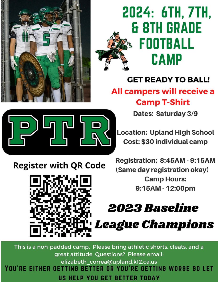 Don’t miss out on Upland Football’s first 6th, 7th, & 8th Grade Camp of the year. Bring your athletic shorts, cleats, and a great attitude. PTR & Go Scots. @uplandjaaf @uplandjunioractivities @pioneeruusd @citrusuusd @magnoliauusd @valenciauusd @magnoliauusd