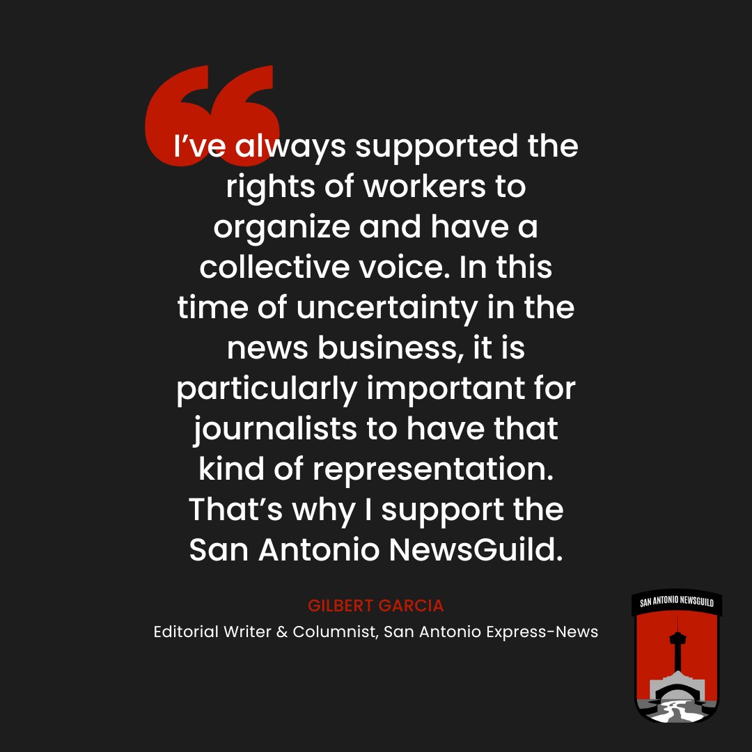 San Antonio NewsGuild 🌶️ (@satxnewsguild) on Twitter photo Over the last 5 days, our members have shared their reasons for unionizing.
This evening, Editorial Writer & Columnist <a href="/gilgamesh470/">Gilbert Garcia</a> delivers a powerful message about the importance of having a collective voice, wrapping up this round of member testimonials. 🌶 #VivaSANewsGuild Over the last 5 days, our members have shared their reasons for unionizing.
This evening, Editorial Writer & Columnist <a href="/gilgamesh470/">Gilbert Garcia</a> delivers a powerful message about the importance of having a collective voice, wrapping up this round of member testimonials. 🌶 #VivaSANewsGuild