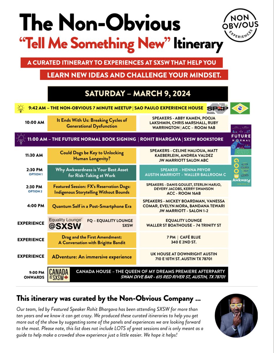 "Tell Me Something New" at SXSW with this Non-Obvious Itinerary for Saturday - March 9, 2024!    

Available for download: nonobvious.com/sxsw

<a href="/sxsw/">SXSW</a> #SXSW #sxsw24