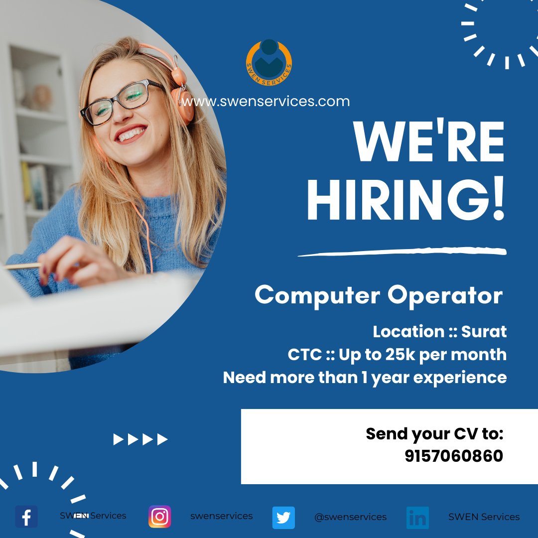 #hiringimmediately #computeroperator
#operations
Position :: Computer operator
Salary :: 15 to 25K per month
Need more than 6 months of experience in similar field
Call or share your resume on 9157060860 for more details.
#suratjobs #jobsinsurat #suratjobs #suratcity