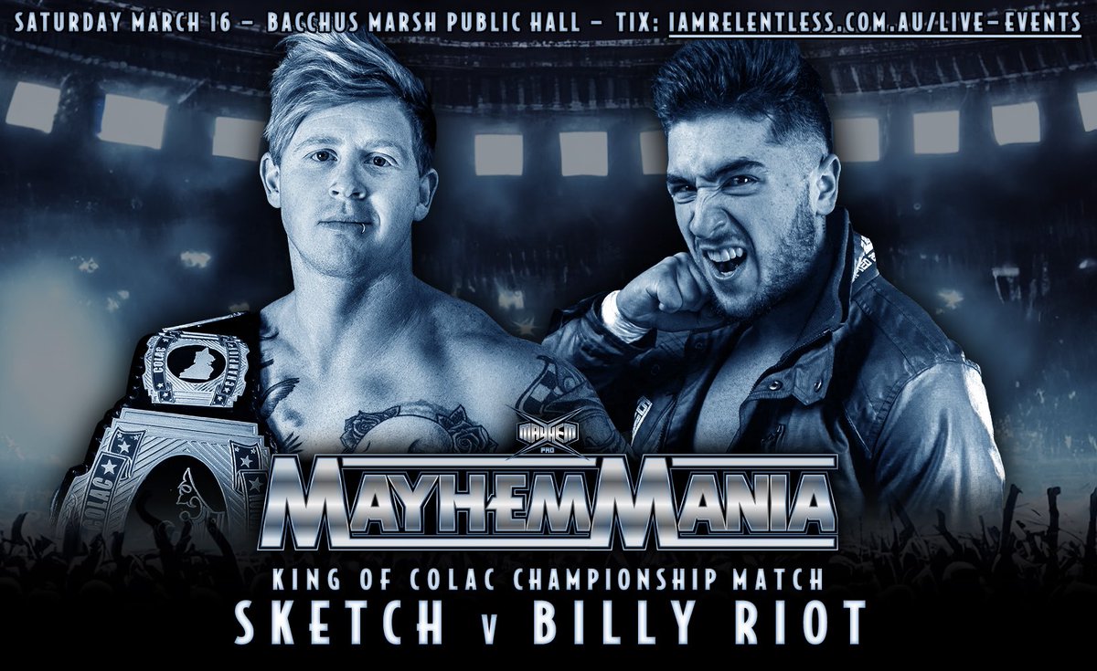 MayhemPro_'s tweet photo. *BREAKING* 
The King of Colac is BACK and his first title defence is against the Relentless Warrior!

Sketch (c)
v
@billyriotpro 
For the King of Colac Championship

SAT - March 16
Bacchus Marsh Public Hall

Bell time 7pm

Full bar &amp; BBQ

🎟️Tix: https://t.co/MIjtOXoVOm https://t.co/8TFwNZ0d5G