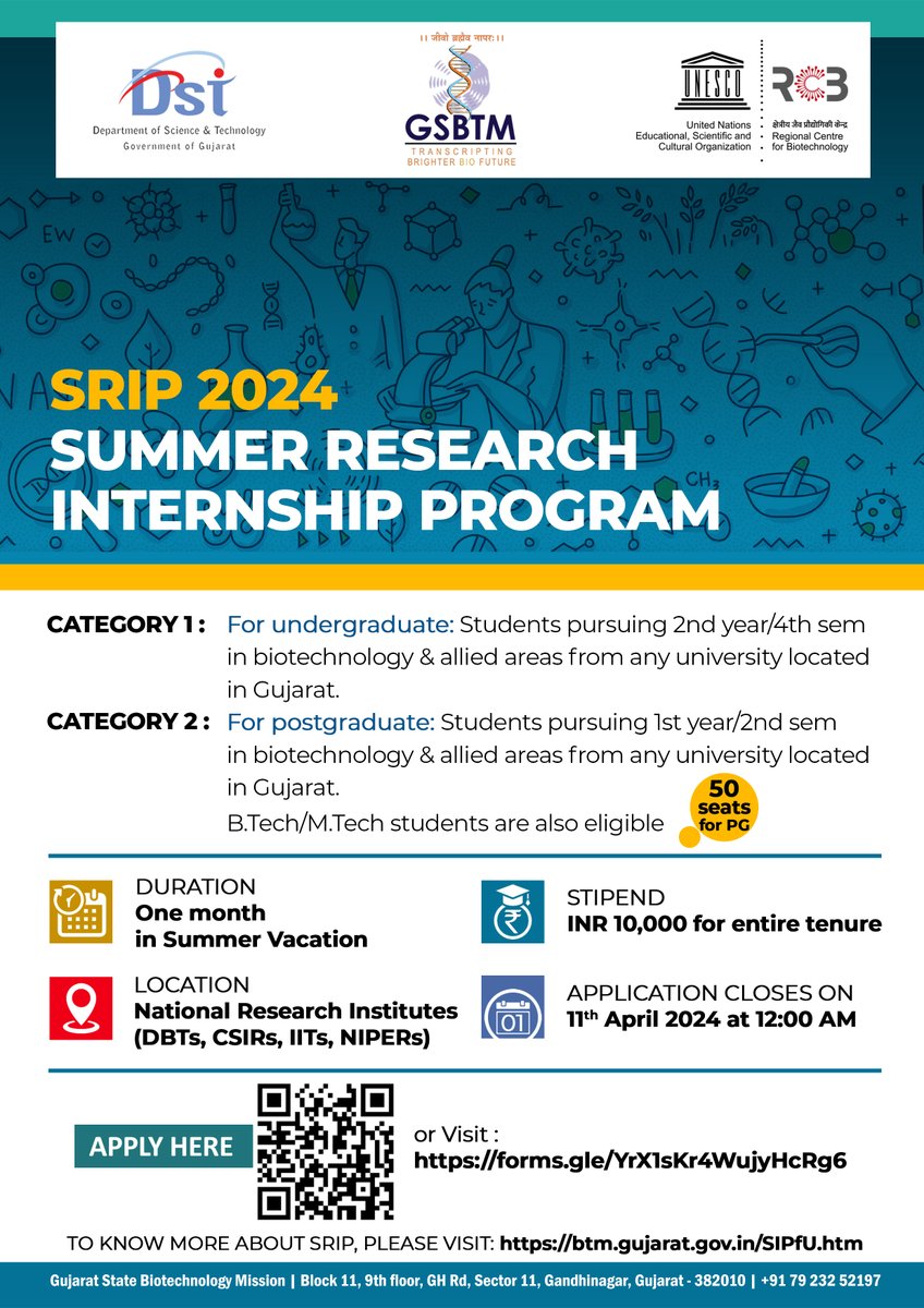 GSBTM is back with its Summer Research Internship Program (SRIP) which provides early research exposure for undergraduate students to work in national research institutes for 4 weeks. Link For Registration: forms.gle/eFfrYzXNCf4WVJ… The deadline- 11thApril 2024