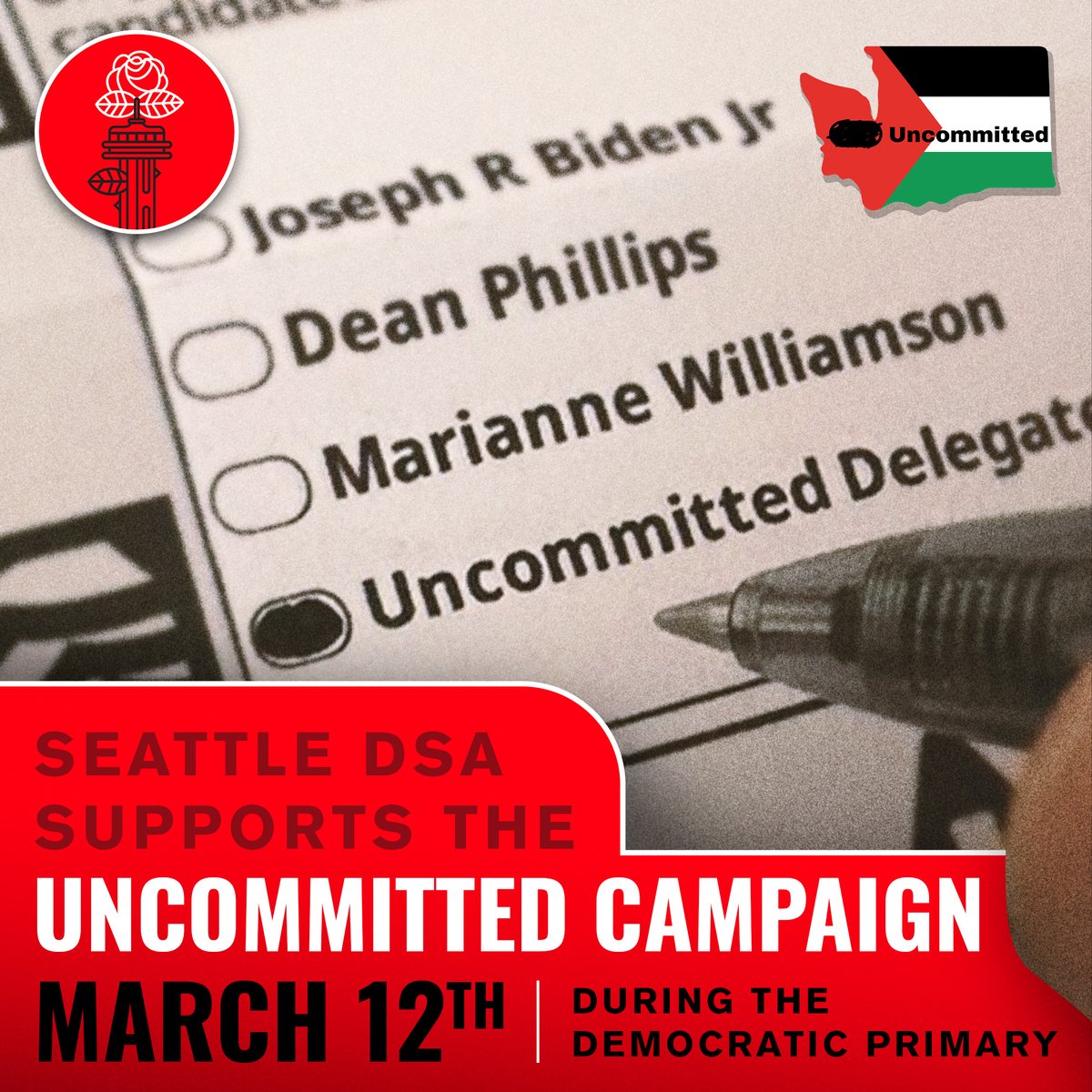 We are hosting events and phonebanks all the way up to the March 12th primary election! See how the uncommitted Washington campaign fits into your schedule by checking out our calendar today. We have a chance to make our voice heard, let's take it! seattledsa.org/events/