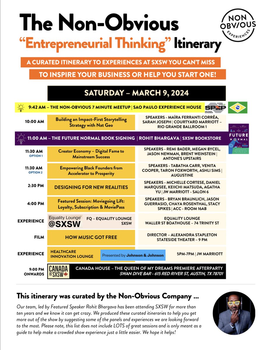 Experience "Entrepreneurial Thinking" at SXSW with this Non-Obvious Itinerary for Saturday - March 9, 2024!        

Available for download: nonobvious.com/sxsw

<a href="/sxsw/">SXSW</a> #SXSW #sxsw24