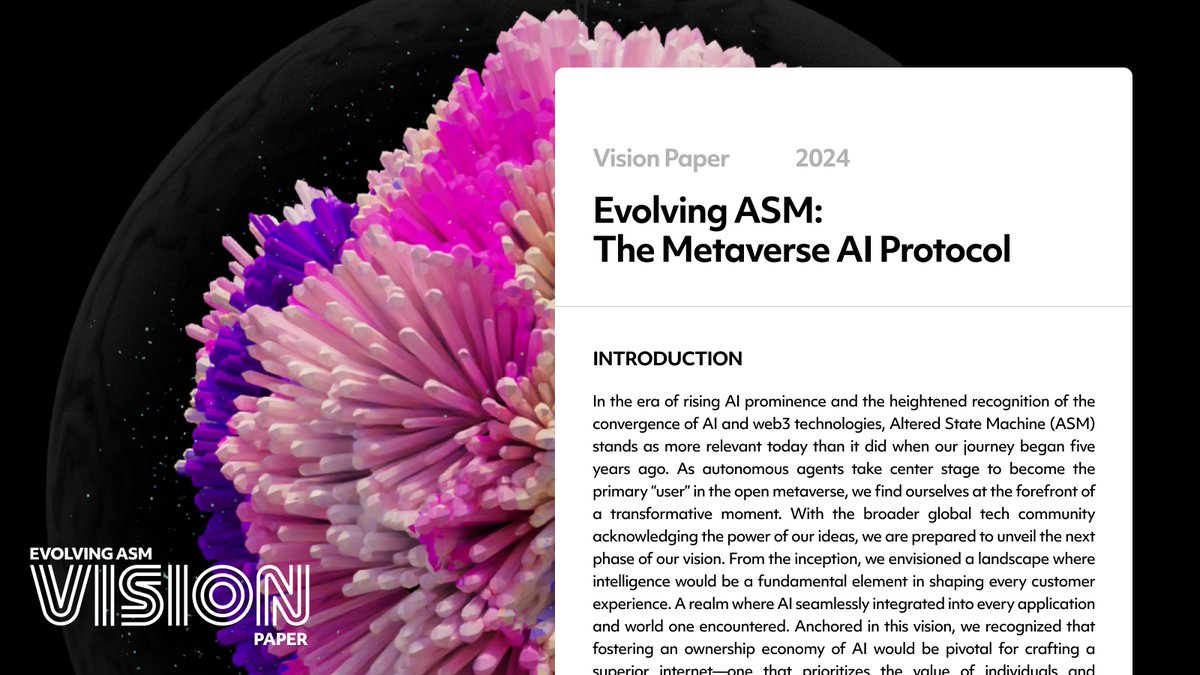 As AI takes center stage, @altstatemachine is even more relevant today than it was when our journey began 5 years ago. In our new paper, Evolving ASM: The Metaverse AI Protocol we unveil our evolution with @futureverse on @TheRootNetwork. 🔗: futureverse.com/research/evolv…