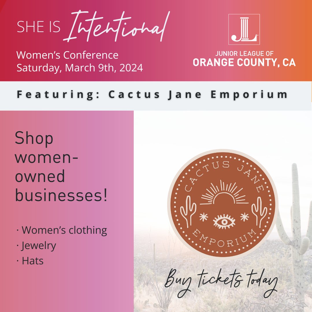 JuniorLeague_OC's tweet photo. 🌵 Get ready to spice up your style with Cactus Jane, our featured vendor at the March 9th JLOCC She Is Intentional conference! Explore their trendy southwestern-inspired accessories and add a touch of desert chic to your look. Join us for a day of empowerment and fashion fun! https://t.co/HSOAhafk7Q