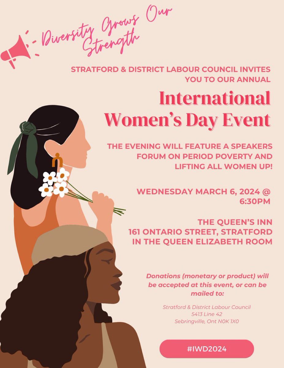 Joint us tomorrow, Weds March 6th at 6:30pm at The Queen’s Inn in Stratford. We will host a speakers forum in honour of International Women’s Day. All are welcome! Admission is free (although donations to Emily Murphy Centre or Optimism Place are gladly welcome).