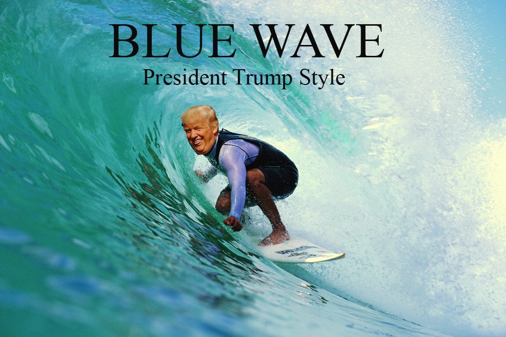 Meme by Randy Dreammaker, of president trump riding on a surfboard within the curl of a blue California wave.