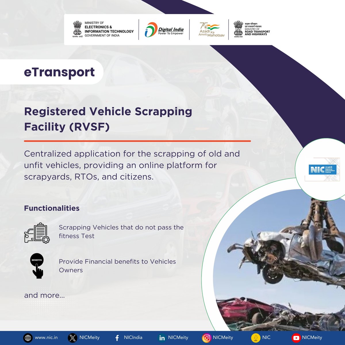 NICMeity's tweet photo. #RVSF by @NICMeitY empowers motor vehicle owners to effortlessly phase out old and unfit vehicles.
#NICMeitY #eTransport #NICDrivingDigital #ViksitBharatSankalpYatra #HamaraSankalpViksitBharat https://t.co/ergzAW8mLK