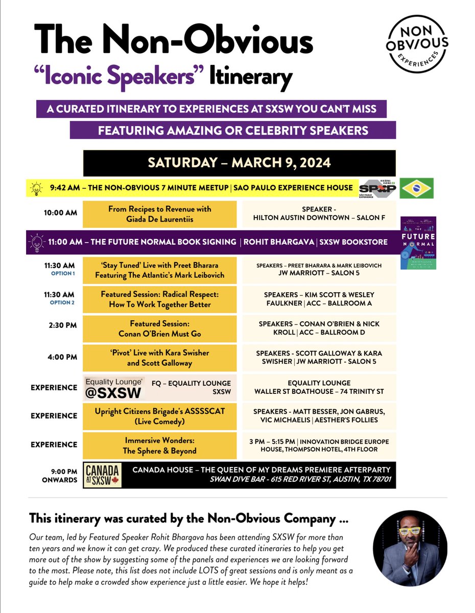 Enjoy "Iconic Speakers" at SXSW with this Non-Obvious Itinerary for Saturday - March 9, 2024!          

Available for download: nonobvious.com/sxsw

<a href="/sxsw/">SXSW</a> #SXSW #sxsw24