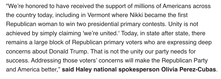 Julia Manchester (@juliamanch) on Twitter photo INBOX: <a href="/NikkiHaley/">Nikki Haley</a> campaign releases statement following tonight's results 👇
"Today, in state after state, there remains a large block of Republican primary voters who are expressing deep concerns about Donald Trump. That is not the unity our party needs for success." INBOX: <a href="/NikkiHaley/">Nikki Haley</a> campaign releases statement following tonight's results 👇
"Today, in state after state, there remains a large block of Republican primary voters who are expressing deep concerns about Donald Trump. That is not the unity our party needs for success."