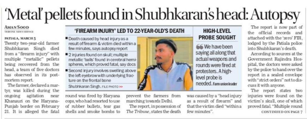 Pellets found in dead Indian farmer's head in post mortem autopsy. Indian Police is using lethal weapons against protesting farmers #FarmersProtest2024