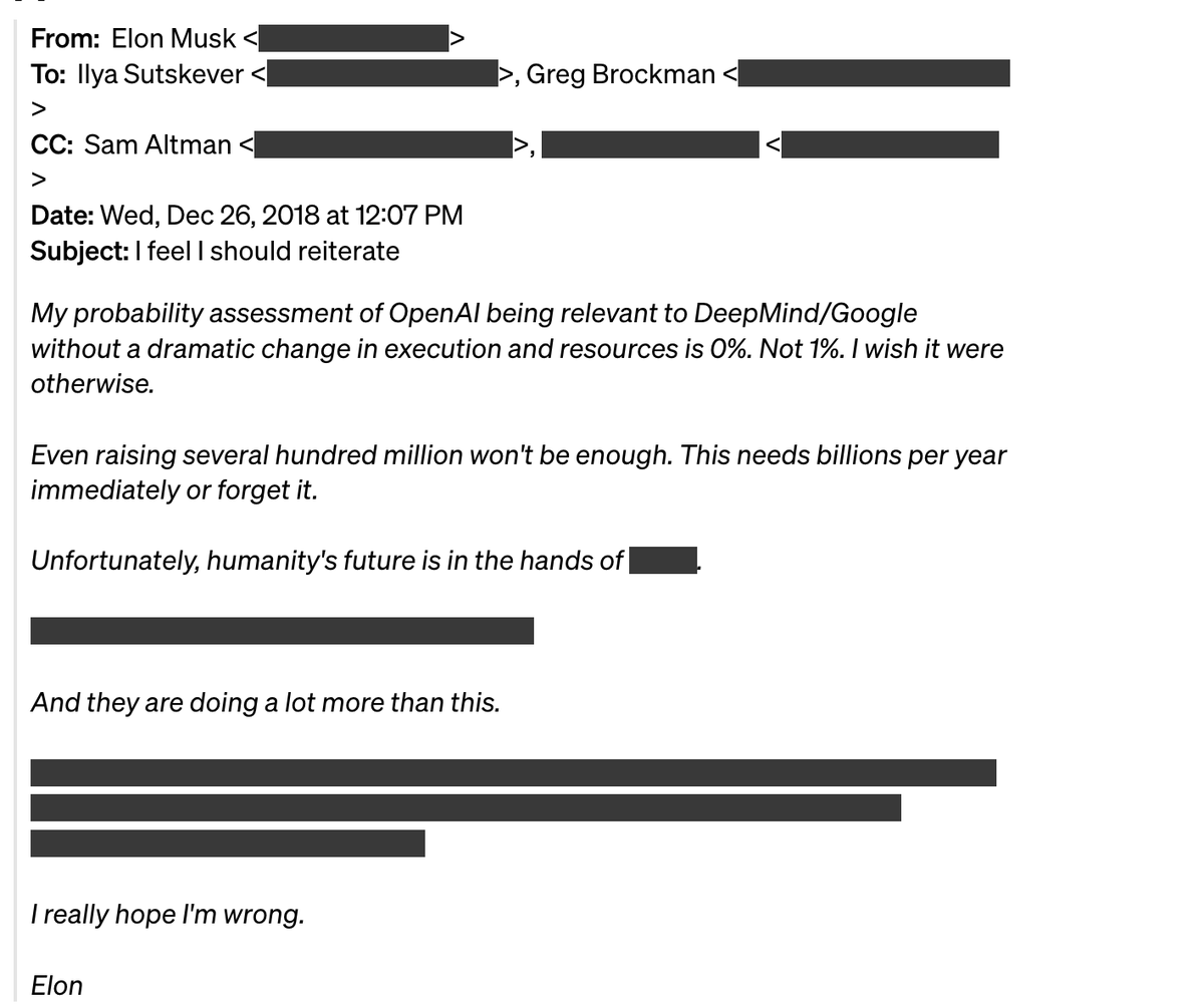 skirano's tweet photo. I used Claude 3 to unredact this part from the OpenAI emails.

What's wild is that they used a "per word" redaction, meaning each redaction length is proportional to the length of the words, so assuming context and word length, this is Claude's guess using the page source: https://t.co/4Mh9Q5ZVuD