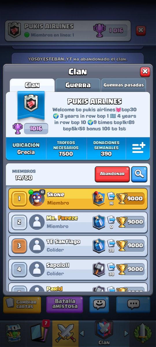 El clan de PUKIS AIRLINES ha vuelto después de un tiempo y estamos en búsqueda de jugadores. El clan cuenta con premios por ladder
Para el que esté interesado se puede contactar con <a href="/leo_pukis/">Pukis Leo</a> 👌🏻