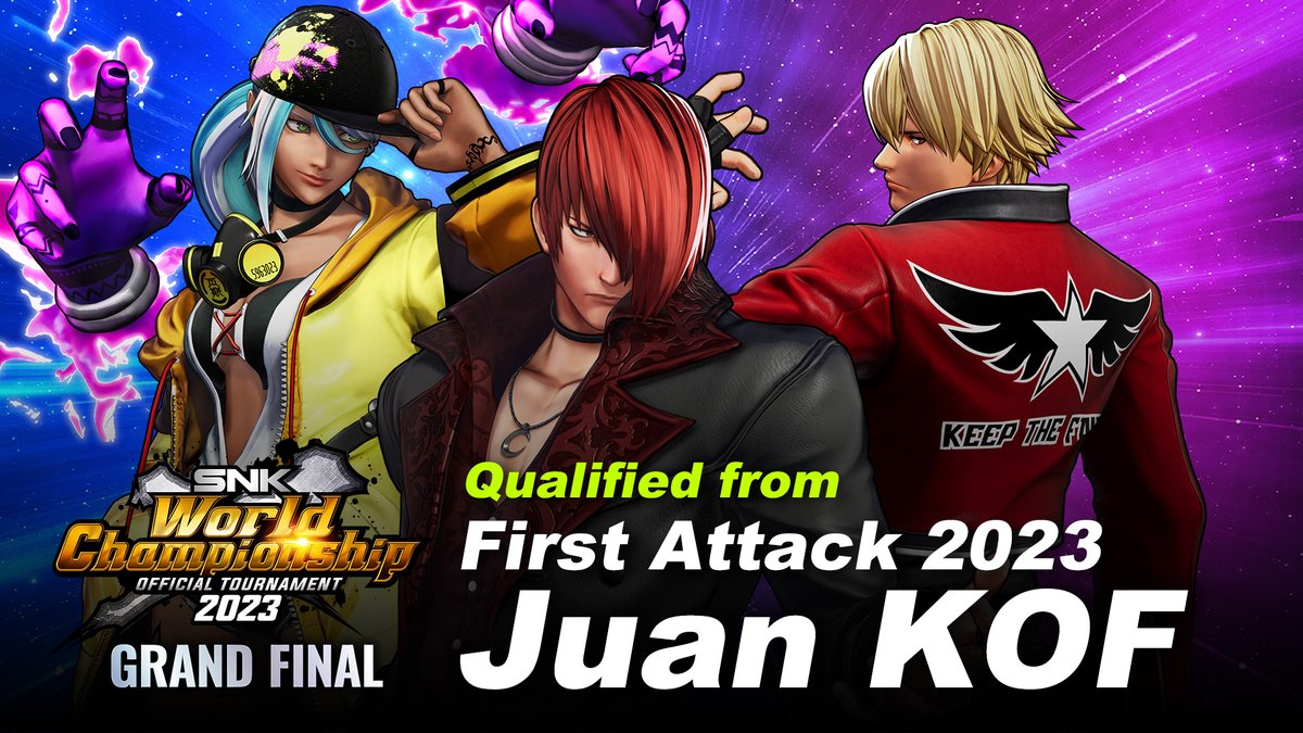 【 #SWC2023 】
Meet one of the SWC 2023 finalists🔥

◤￣￣￣￣￣￣￣￣￣◥
First Attack 2023🏆
Juan KOF
<a href="/Juan_K0F/">JUAN KOF</a>
◣＿＿＿＿＿＿＿＿＿◢

GRAND FINAL 3/15-3/17（PDT）
snk-corp.co.jp/swc2023/
#KOFXV #KOF15 #SWC