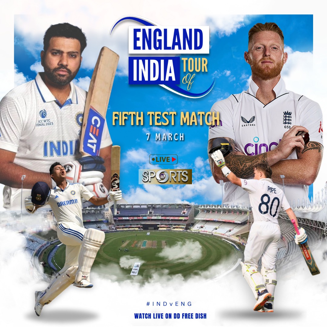 After taking a 3-1 unassailable lead in the series, #TeamIndia will look to end the series on a winning note. 🇮🇳vs🏴󠁧󠁢󠁥󠁮󠁧󠁿 🏏 #INDvENG - 5th Test 🗓️ March 7 ⏰ 9:30 AM onwards.. Live The Game on DD Sports 📺 (DD Free Dish)